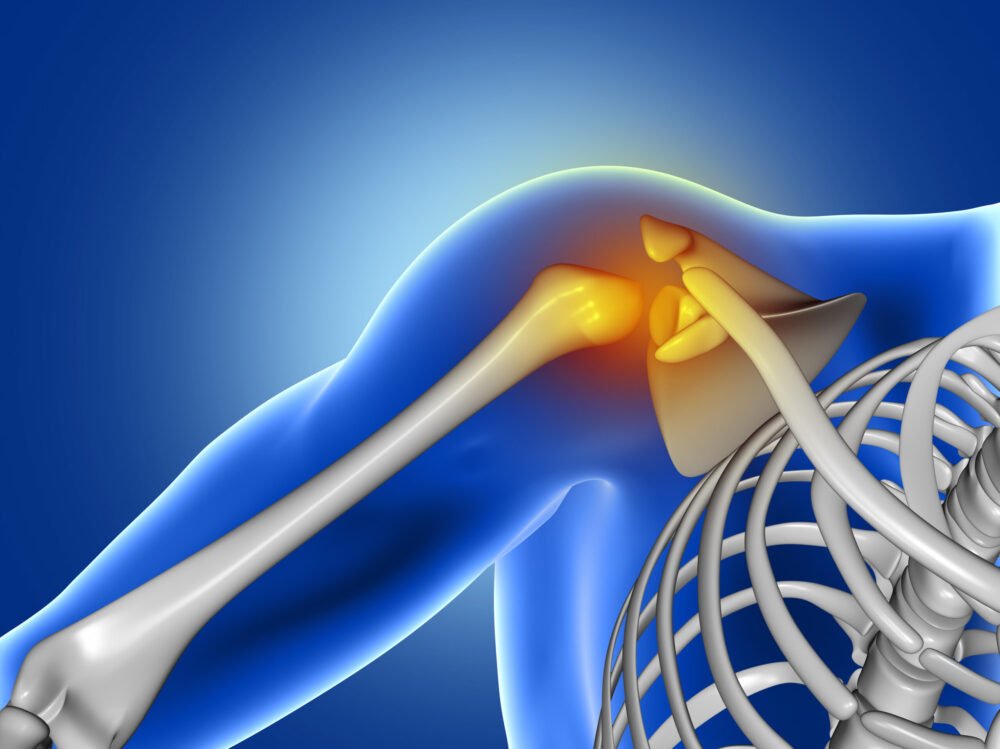 3D medical image of shoulder bone 3D render of a blue medical image of close up of shoulder bone